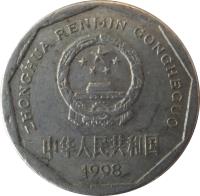 obverse of 1 Jiao (1991 - 1999) coin with KM# 335 from China. Inscription: ZHONGHUA RENMIN GONGHEGUO 中华人民共和国 1991