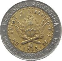 obverse of 1 Peso (1994 - 2010) coin with KM# 112 from Argentina. Inscription: REPUBLICA ARGENTINA EN UNION Y LIBERTAD · PTS · J · 8S · 1813 · · PRIMERA MONEDA PATRIA ·