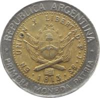 Argentina coin 1 Peso (1994 - 2010) obverse obverse of 1 Peso (1994 - 2010) coin with KM# 112 from Argentina. Inscription: REPUBLICA ARGENTINA EN UNION Y LIBERTAD · PTS · J · 8S · 1813 · · PRIMERA MONEDA PATRIA ·