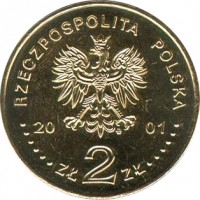 obverse of 2 Złote - Cardinal Stefan Wyszynski (2001) coin with Y# 418 from Poland. Inscription: RZECZPOSPOLITA POLSKA 20 01 ZŁ 2 ZŁ