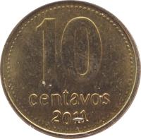 reverse of 10 Centavos - Magnetic with plain edge (2006 - 2011) coin with KM# 107a from Argentina. Inscription: 10 CENTAVOS 2011