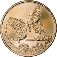Poland coin 2 Złote - Swallowtail (2001) reverse reverse of 2 Złote - Swallowtail (2001) coin with Y# 414 from Poland. Inscription: PPAŻ KRÓLOWEJ Papilio machaon
