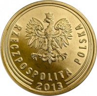 obverse of 1 Grosz (2013 - 2015) coin with Y# 923 from Poland. Inscription: RZECZPOSPOLITA POLSKA 2014