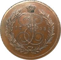 Russia coin 5 Kopeks - Catherine II (1763 - 1796) obverse obverse of 5 Kopeks - Catherine II (1763 - 1796) coin with C# 59 from Russia. Inscription: 17 65