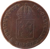 obverse of 1 Kreuzer - Franz II (1816) coin with KM# 2113 from Austria. Inscription: K · K · OESTERREICHISCHE SCHEIDMÜNZE ·