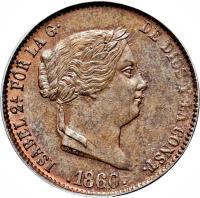 obverse of 25 Centimos - Isabel II (1854 - 1864) coin with KM# 615 from Spain. Inscription: ISABEL2 POR LA G. DE DIOS Y LA CONST.