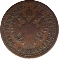obverse of 1 Kreuzer - Franz Joseph I (1851) coin with KM# 2185 from Austria. Inscription: K · K · OESTERREICHISCHE SCHEIDEMÜNZE ·
