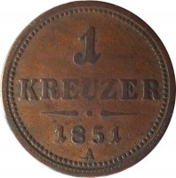Austria coin 1 Kreuzer - Franz Joseph I (1851) reverse reverse of 1 Kreuzer - Franz Joseph I (1851) coin with KM# 2185 from Austria. Inscription: 1 KREUZER 1851 A