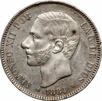 obverse of 5 Pesetas - Alfonso XII - 3'rd Portrait (1882 - 1885) coin with KM# 688 from Spain. Inscription: ALFONSO XII POR LA G · DE DIOS * 1885 *