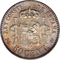 Spain coin 50 Centimos - Alfonso XIII - 1'st Portrait (1889 - 1892) reverse reverse of 50 Centimos - Alfonso XIII - 1'st Portrait (1889 - 1892) coin with KM# 690 from Spain. Inscription: REY CONSTL. DE ESPAÑA P · G · 50 CENT. · M.