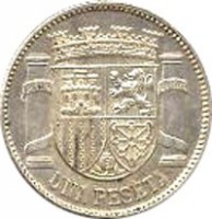 reverse of 1 Peseta - 2'nd Republic (1933) coin with KM# 750 from Spain. Inscription: UNA PESETA