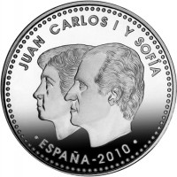 obverse of 20 Euro - Juan Carlos I - FIFA (2010) coin with KM# 1183 from Spain. Inscription: JUAN CARLOS I Y SOFIA ESPANA-2010