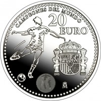 reverse of 20 Euro - Juan Carlos I - FIFA (2010) coin with KM# 1183 from Spain. Inscription: CAMPEONES DEL MUNDO 20 EURO M