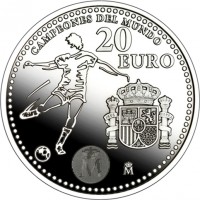 Spain coin 20 Euro - Juan Carlos I - FIFA (2010) reverse reverse of 20 Euro - Juan Carlos I - FIFA (2010) coin with KM# 1183 from Spain. Inscription: CAMPEONES DEL MUNDO 20 EURO M