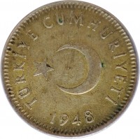 obverse of 1 Lira (1947 - 1948) coin with KM# 883 from Turkey. Inscription: TÜRKİYE CUMHURİYETİ 1948