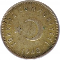 Turkey coin 1 Lira (1947 - 1948) obverse obverse of 1 Lira (1947 - 1948) coin with KM# 883 from Turkey. Inscription: TÜRKİYE CUMHURİYETİ 1948