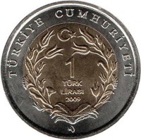 reverse of 1 Lira - Loggerhead Sea Turtle (2009) coin with KM# 1264 from Turkey. Inscription: TÜRKİYE CUMHURİYETİ 1 TÜRK LİRASI 2009