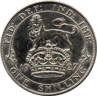 United Kingdom coin 1 Shilling - George V (1926 - 1927) reverse reverse of 1 Shilling - George V (1926 - 1927) coin with KM# 829 from United Kingdom. Inscription: FID: DEF: IND: IMP: 19 27 ONE SHILLING