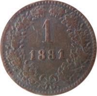 reverse of 1 Kreuzer - Franz Joseph I (1858 - 1881) coin with KM# 2186 from Austria. Inscription: 1 1881