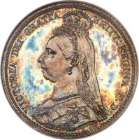 obverse of 6 Pence - Victoria - 2'nd Portrait (1887 - 1893) coin with KM# 760 from United Kingdom. Inscription: VICTORIA DEI GRATIA BRITT: REGINA F:D: E.B.