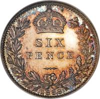 reverse of 6 Pence - Victoria - 2'nd Portrait (1887 - 1893) coin with KM# 760 from United Kingdom. Inscription: SIX PENCE 1889