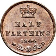 reverse of 1/2 Farthing - Victoria - 1'st Portrait (1839 - 1856) coin with KM# 738 from United Kingdom. Inscription: HALF FARTHING 1844