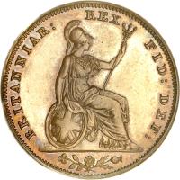United Kingdom coin 1 Farthing - William IV (1831 - 1837) reverse reverse of 1 Farthing - William IV (1831 - 1837) coin with KM# 705 from United Kingdom. Inscription: BRITANNIAR: REX FID: DEF: