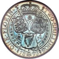 United Kingdom coin 1 Florin - Victoria - 3'rd Portrait (1893 - 1901) reverse reverse of 1 Florin - Victoria - 3'rd Portrait (1893 - 1901) coin with KM# 781 from United Kingdom. Inscription: ONE · FLORIN+ TWO · SHILLINGS · 18 93 · HONI · SO T · Q MAL Y · PENSE ·
