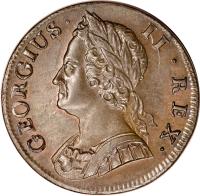 obverse of 1/2 Penny - George II (1740 - 1754) coin with KM# 579 from United Kingdom. Inscription: GEORGIUS · II · REX ·