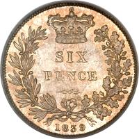 reverse of 6 Pence - Victoria - 1'st Portrait (1838 - 1866) coin with KM# 733 from United Kingdom. Inscription: SIX PENCE 1839