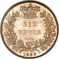 United Kingdom coin 6 Pence - Victoria - 1'st Portrait (1838 - 1866) reverse reverse of 6 Pence - Victoria - 1'st Portrait (1838 - 1866) coin with KM# 733 from United Kingdom. Inscription: SIX PENCE 1839