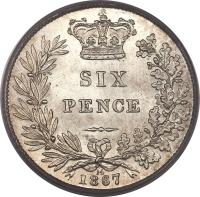 reverse of 6 Pence - Victoria - 1'st Portrait (1867 - 1880) coin with KM# 751 from United Kingdom. Inscription: SIX PENCE 14 1867