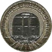United Kingdom coin 2 Pounds - Elizabeth II - The Train - 4'th Portrait (2013) reverse reverse of 2 Pounds - Elizabeth II - The Train - 4'th Portrait (2013) coin with KM# 1239 from United Kingdom. Inscription: 1863 · LONDON UNDERGROUND · 2013 EB JO