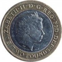 obverse of 2 Pounds - Elizabeth II - Guinea - 4'th Portrait (2013) coin with KM# 1241 from United Kingdom. Inscription: ELIZABETH · II · DEI · GRA · REG · FID · DEF · TWO POUNDS · IRB