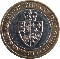 reverse of 2 Pounds - Elizabeth II - Guinea - 4'th Portrait (2013) coin with KM# 1241 from United Kingdom. Inscription: · ANNIVERSARY · OF · THE · GOLDEN · GUINEA · 2013