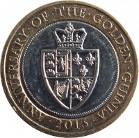United Kingdom coin 2 Pounds - Elizabeth II - Guinea - 4'th Portrait (2013) reverse reverse of 2 Pounds - Elizabeth II - Guinea - 4'th Portrait (2013) coin with KM# 1241 from United Kingdom. Inscription: · ANNIVERSARY · OF · THE · GOLDEN · GUINEA · 2013