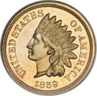 obverse of 1 Cent - Indian Head Cent; Without shield (1859) coin with KM# 87 from United States. Inscription: UNITED STATES OF AMERICA LIBERTY 1859