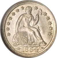 obverse of 1/2 Dime - Seated Liberty Half Dime; Arrows at date (1853 - 1855) coin with KM# 76 from United States. Inscription: LIBERTY 1854