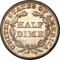 reverse of 1/2 Dime - Seated Liberty Half Dime; With drapery (1838 - 1859) coin with KM# 62 from United States. Inscription: UNITED STATES OF AMERICA HALF DIME