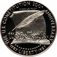 obverse of 1 Dollar - Constitution (1987) coin with KM# 220 from United States. Inscription: THE U.S. CONSTITUTION 200 ANNIVERSARY IN GOD WE TRUST 1787.LIBERTY.1987