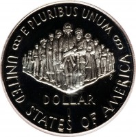 United States coin 1 Dollar - Constitution (1987) reverse reverse of 1 Dollar - Constitution (1987) coin with KM# 220 from United States. Inscription: E PLURIBUS UNUM DOLLAR 1 UNITED STATES OF AMERICA