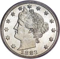 United States coin 5 Cents - Liberty Nickel; Without CENTS (1883) obverse obverse of 5 Cents - Liberty Nickel; Without CENTS (1883) coin with KM# 111 from United States. Inscription: * * * * * * * * * * * * * LIBERTY 1883