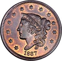 obverse of 1 Cent - Coronet / Matron Cent; Type 2 (1837 - 1839) coin with KM# 45.2 from United States. Inscription: LIBERTY 1837