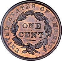 reverse of 1 Cent - Coronet / Matron Cent; Type 2 (1837 - 1839) coin with KM# 45.2 from United States. Inscription: UNITED STATES OF AMERICA ONE CENT