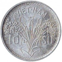 Vietnam coin 10 Su - Bảo Đại (1953) reverse reverse of 10 Su - Bảo Đại (1953) coin with KM# 1 from Vietnam. Inscription: VIỆT-NAM 10 SU