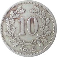 Austria coin 10 Heller - Franz Joseph I - Shield with lion and stars (1915 - 1916) reverse reverse of 10 Heller - Franz Joseph I - Shield with lion and stars (1915 - 1916) coin with KM# 2822 from Austria. Inscription: 10 1915