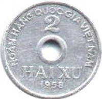 reverse of 2 Xu (1958) coin with KM# 6 from Vietnam. Inscription: NGÂN HÀNG QUỐC GIA VIỆT NAM 2 HAI XU 1958