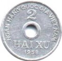 Vietnam coin 2 Xu (1958) reverse reverse of 2 Xu (1958) coin with KM# 6 from Vietnam. Inscription: NGÂN HÀNG QUỐC GIA VIỆT NAM 2 HAI XU 1958