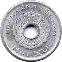 obverse of 2 Xu (1975) coin with KM# A9 from Vietnam. Inscription: NGÂN HÀNG VIỆT NAM HAI XU