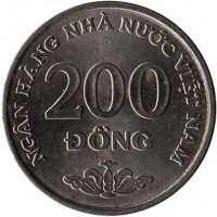 Vietnam coin 200 Dong (2003) reverse reverse of 200 Dong (2003) coin with KM# 71 from Vietnam. Inscription: NGÂN HÀNG NHÀ NƯỚC VIỆT NAM 200 ÐỒNG